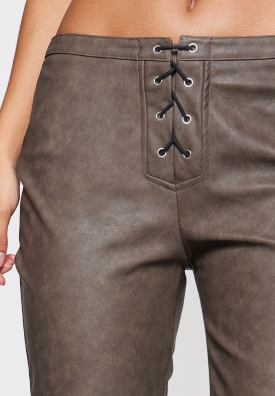 Brown Faux Leather Lace Up Detail Low Rise Flared Leg Trousers