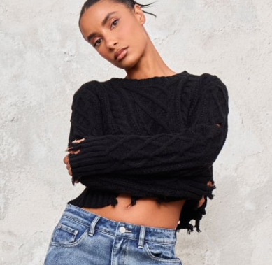 Black Distressed Cable Knit Button Detail Cropped Jumper