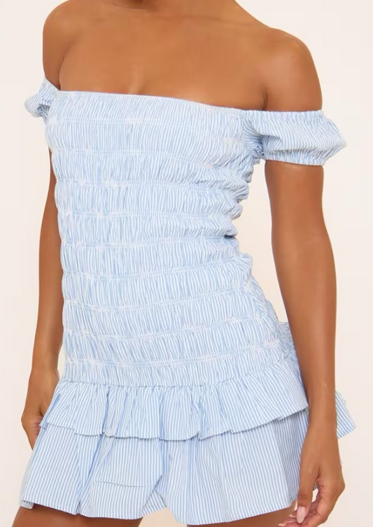Ego - bardot frill hem detail shirred mini dress in blue stripe