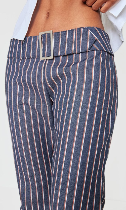 Plt - Navy Striped Low Rise Belted Flares