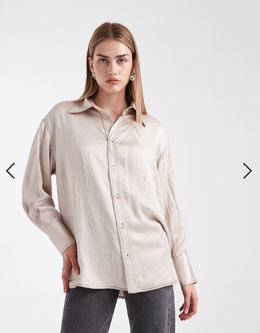 ASOS DESIGN crushed satin contrast stitch longline shirt in ecru