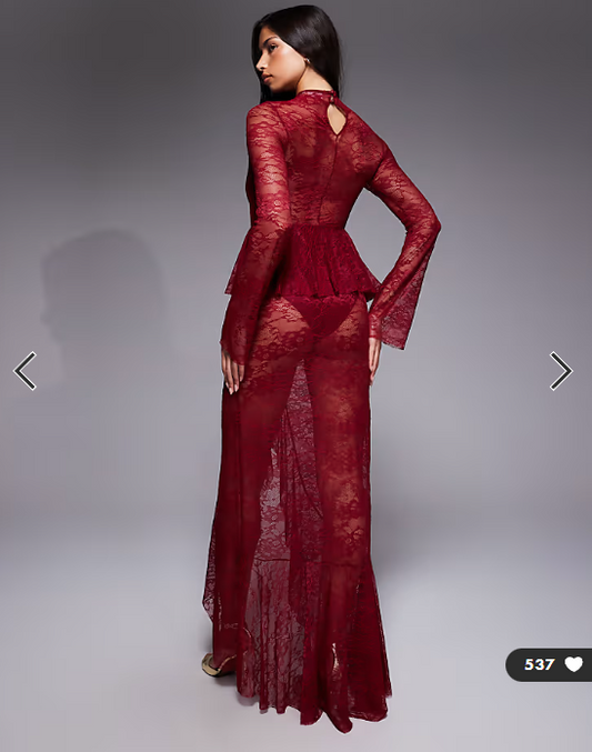 ASOS DESIGN high neck sheer lace maxi dress with peplum detailing and body suit lining in raspberry