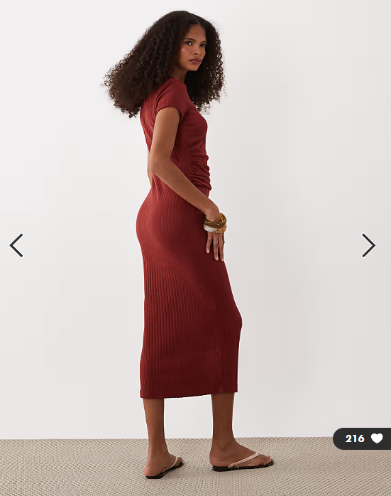ASOS DESIGN ribbed cap sleeve ruched midi dress in rust