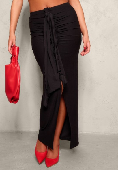 Plt - Black Soft Touch Ruched Knot Detail Split Leg Maxi Skirt