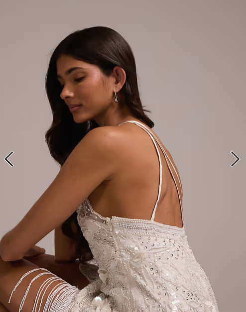Asos - embellished one shoulder cutwork midi dress with asymmetric fringe hem in white