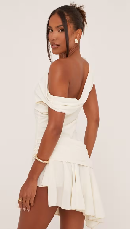 Ego - Asymmetric Layered Flippy Hem Mini Dress In Cream Woven