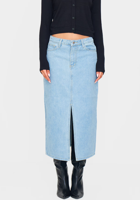 Light Blue Wash Split Front Mid Rise Denim Midi Skirt