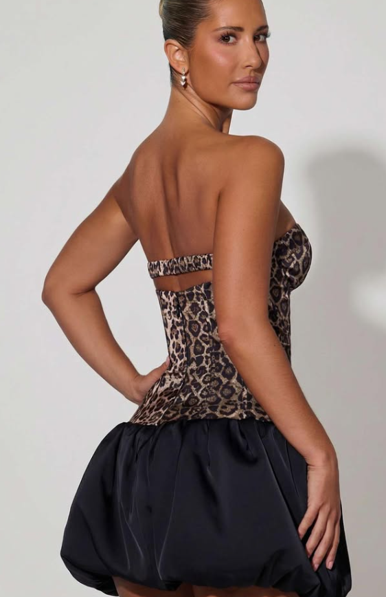 Ohpolly Cut-Out Bubble Hem Corset Mini Dress in Leopard Print