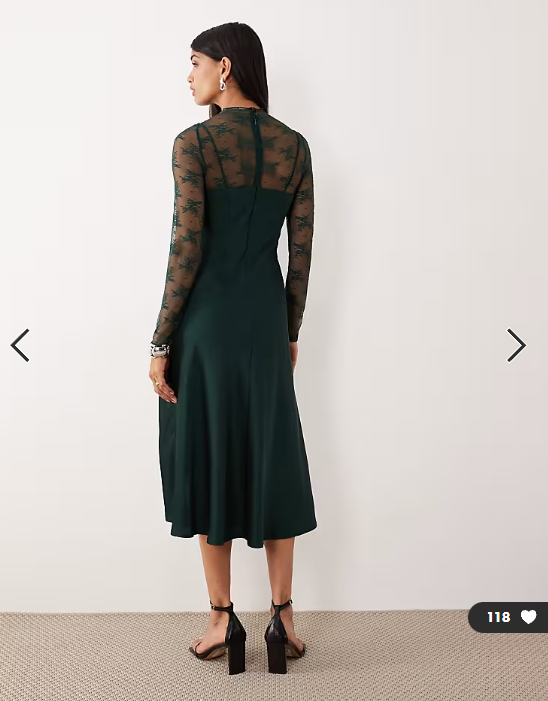 YAS hybrid high neck lace top and satin slip dress in dark green