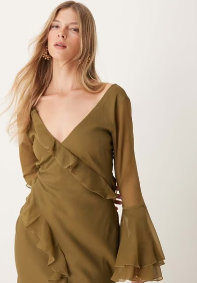 ASOS DESIGN v neck long sleeve ruffle maxi dress with cut out back in khaki green