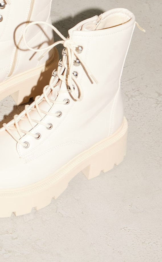 Beige Chunky Square Toe Lace Up Combat Biker Boots