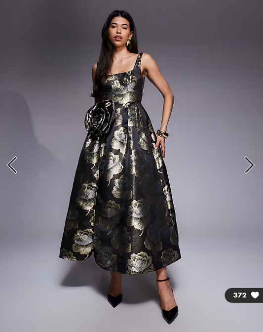 ASOS LUXE jacquard 3D floral maxi dress in black and gold