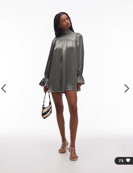 ASOS DESIGN satin high neck blouson sleeve mini dress in khaki