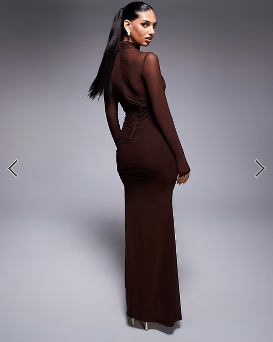 Bardot Veria wrap mesh maxi dress in chocolate