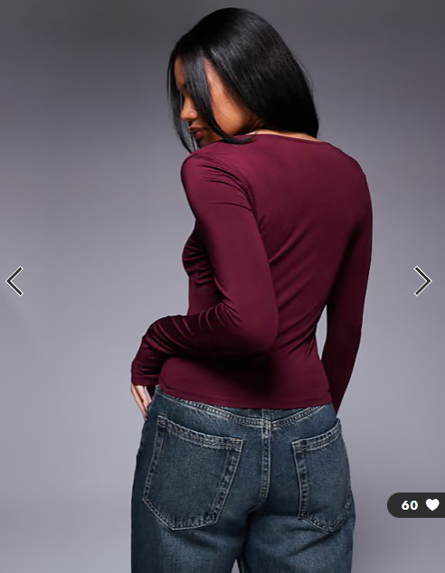 ASOS DESIGN double layer long sleeve wide square neck top in burgundy