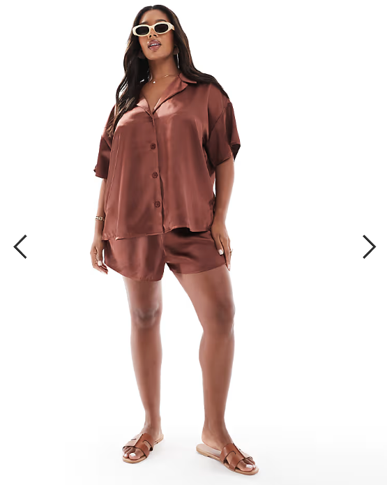 ASOS DESIGN Curve satin short sleeve shirt co-ord in brown
