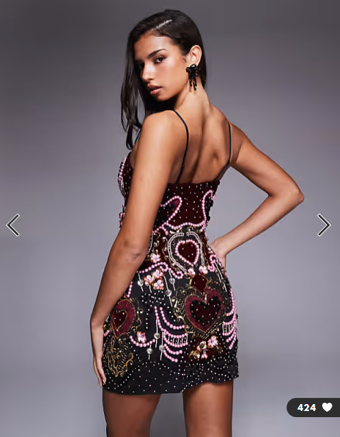 ASOS LUXE velvet heart embellished pearl trim mini dress with detachable straps