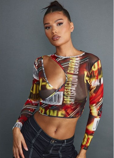 BROWN ABSTRACT PRINT MESH HALTER CROP TOP