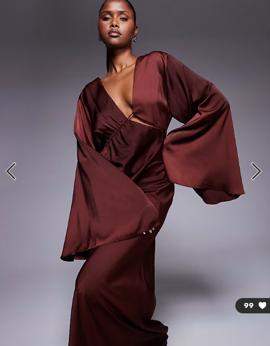 ASOS DESIGN satin asymmetric neckline long sleeve maxi dress with channel detail in chocolate