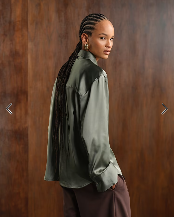 ASOS DESIGN satin cinch oversized shirt with contrast tie in olive