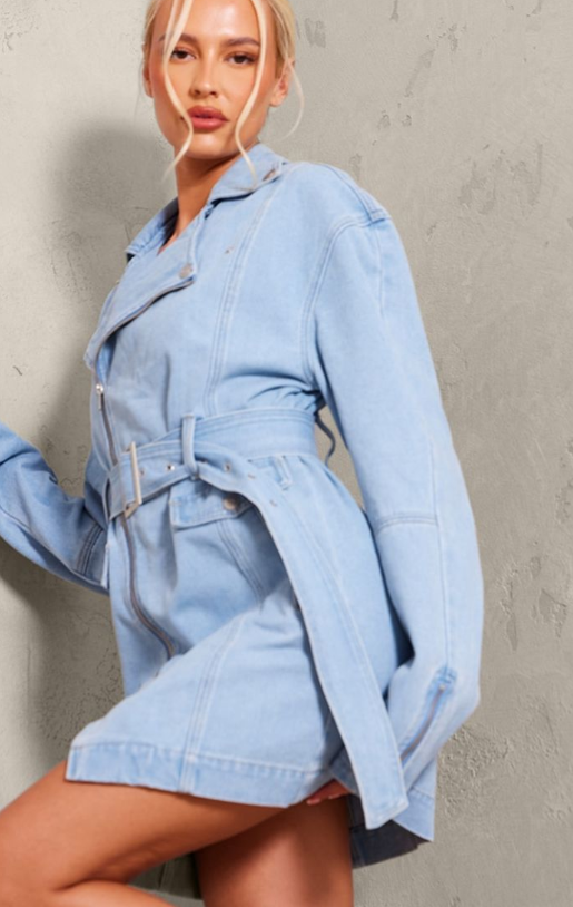 Plt - Tall Light Blue Wash Denim Long Sleeve Belted Biker Dress