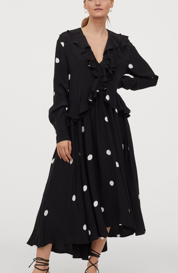 H&M - Black White Spot Bohemian Ruffle Trim Long Midi Dress