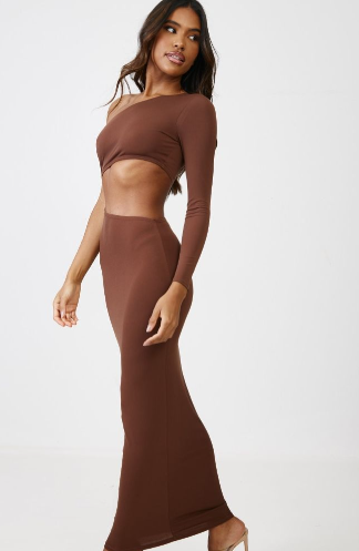 Chocolate Slinky One Shoulder Cut Out Midaxi Dress