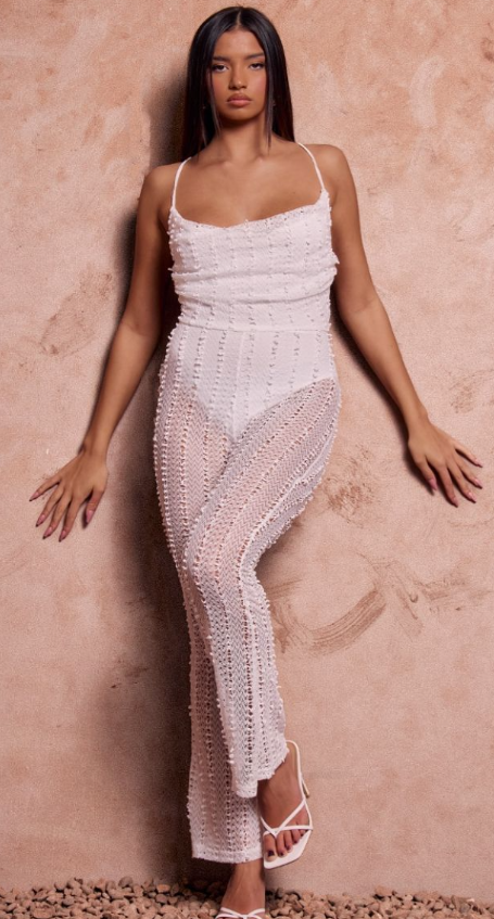 White Textured Cowl Strappy Flare Leg Jumpsuit