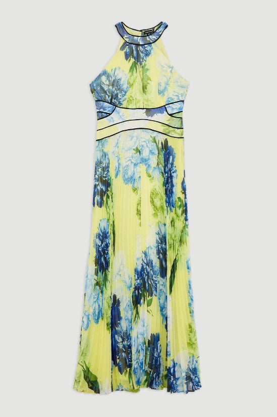 Floral Pleated Crinkle Halter Woven Maxi Dress