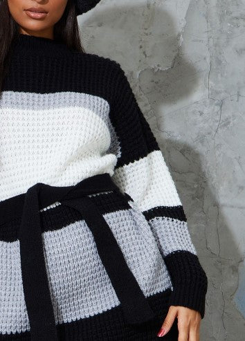 Monochrome Colour Block Waffle Knitted Jumper Dress