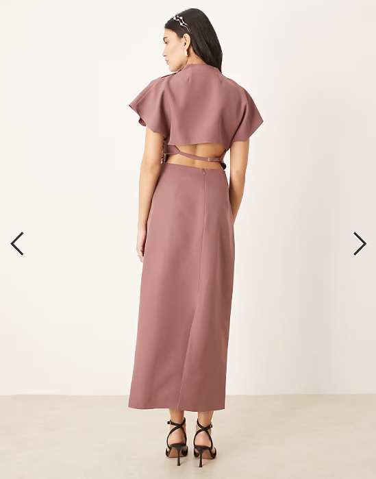 ASOS DESIGN grown on sleeve high neck midi dress with open back detail in rose taupe