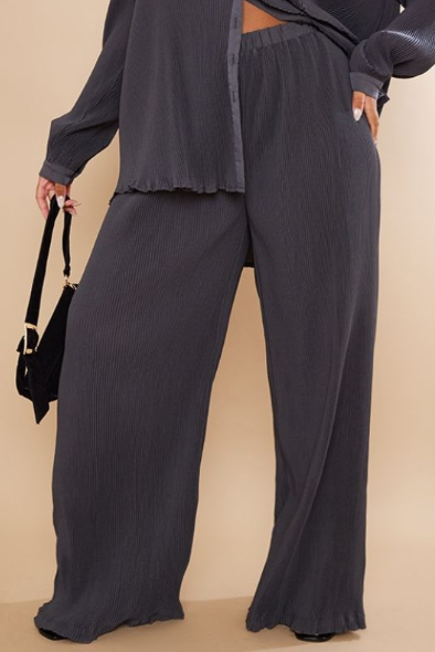 Plt - Plus Charcoal Plisse High Waisted Wide Leg Trousers