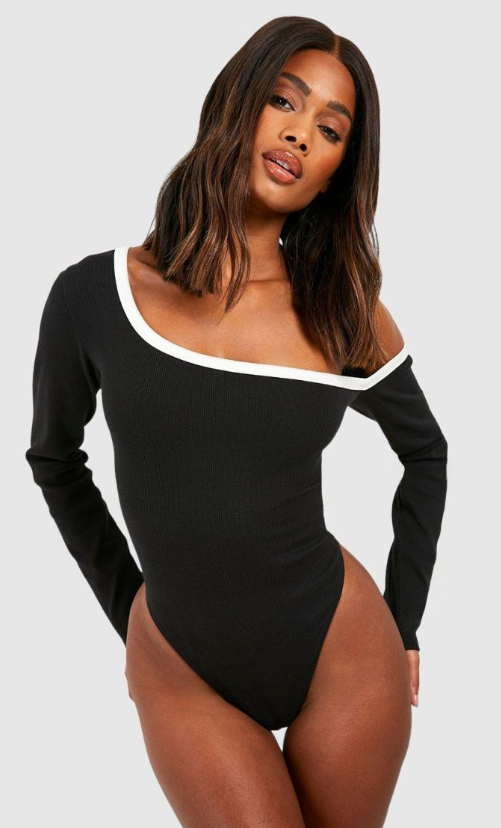 Boohoo Premium Contrast Rib Off The Shoulder Bodysuit - black