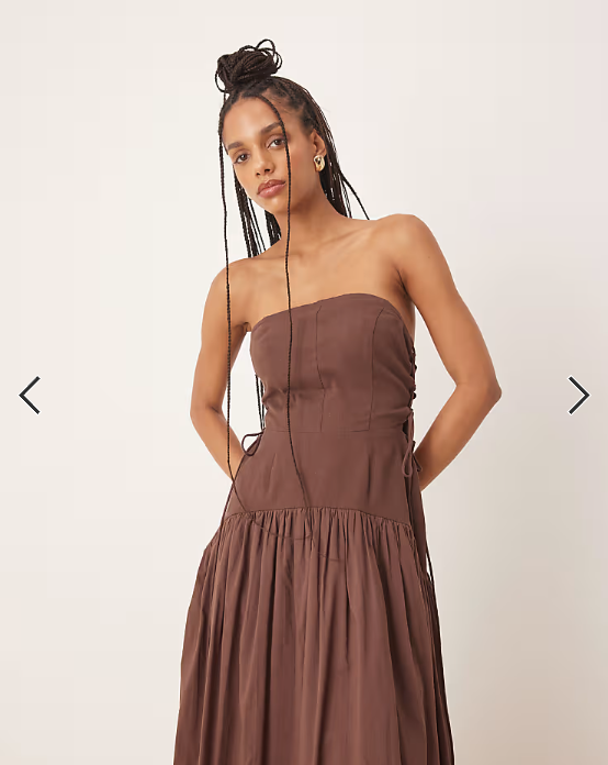 ASOS DESIGN dropped waist bandeau maxi sundress with lace up side in chocolate