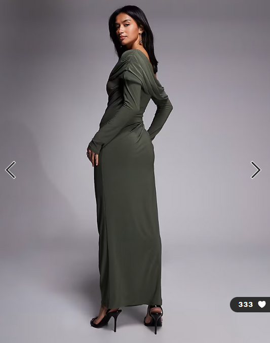 ASOS DESIGN Petite slinky long sleeve fallen shoulder with drape and ruching detail maxi dress in khaki