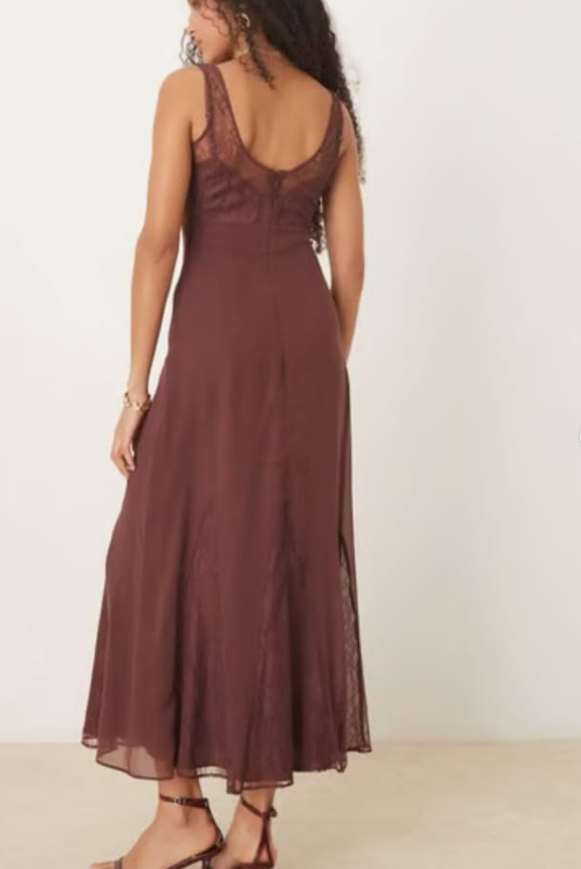 ASOS DESIGN lace and chiffon midi dress with godets in chocolate brown