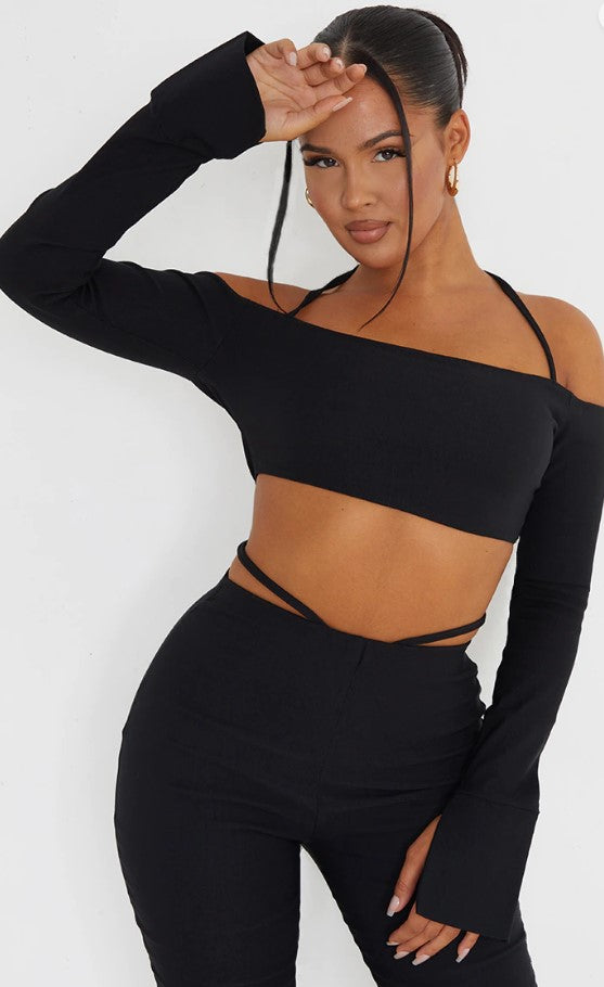 Black Stretch Woven Halterneck Bardot Crop Top