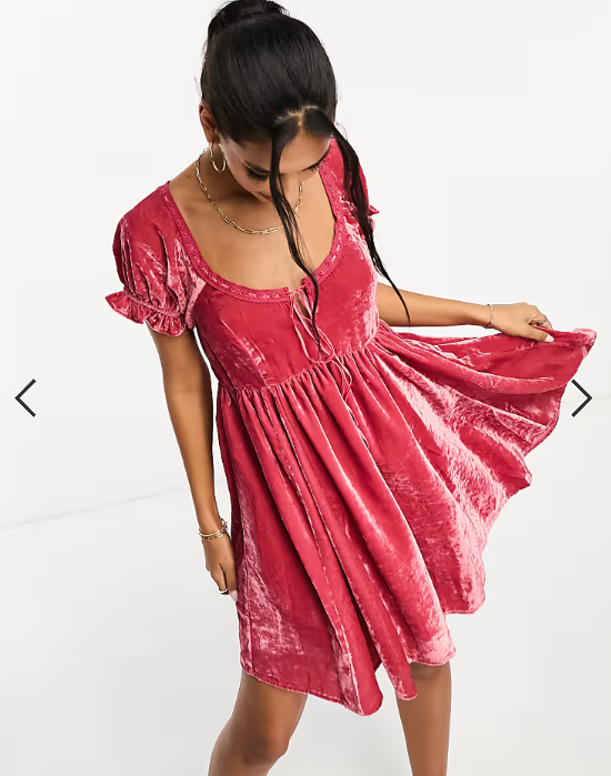 ASOS DESIGN velvet prairie mini dress with ribbon trim in dark rose