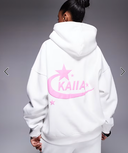 Kaiia cotton rich star logo back graphic hoodie co-ord in white and pink