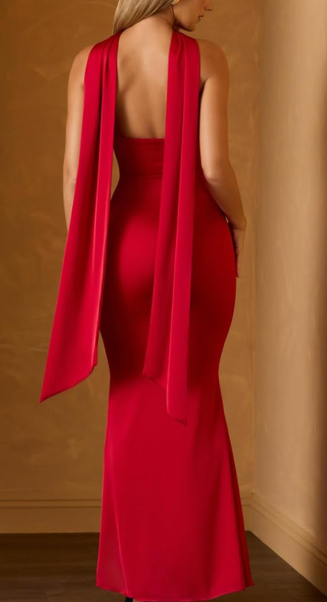 OhPolly-Scarf-Detail Strapless Gown in Scarlet Red