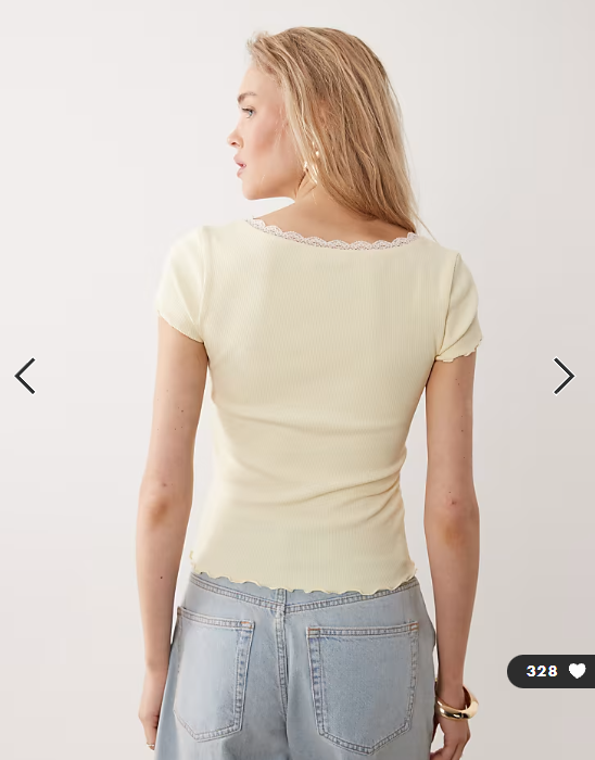 Miss Selfridge square neck lace trim short sleeve top in yellow