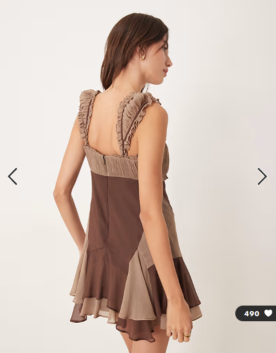 ASOS DESIGN cap sleeve contrast ribbon ruffle hem mini dress in brown