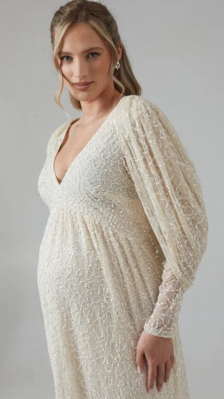 Maternity Cowl Back Long Sleeve Embellished Wedding Dress