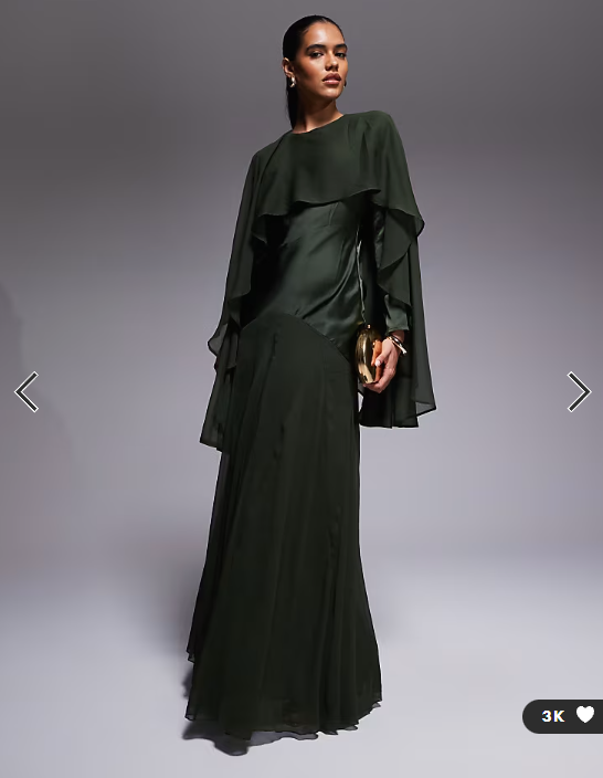 ASOS DESIGN cape detail ruffle chiffon satin mix maxi dress in dark green