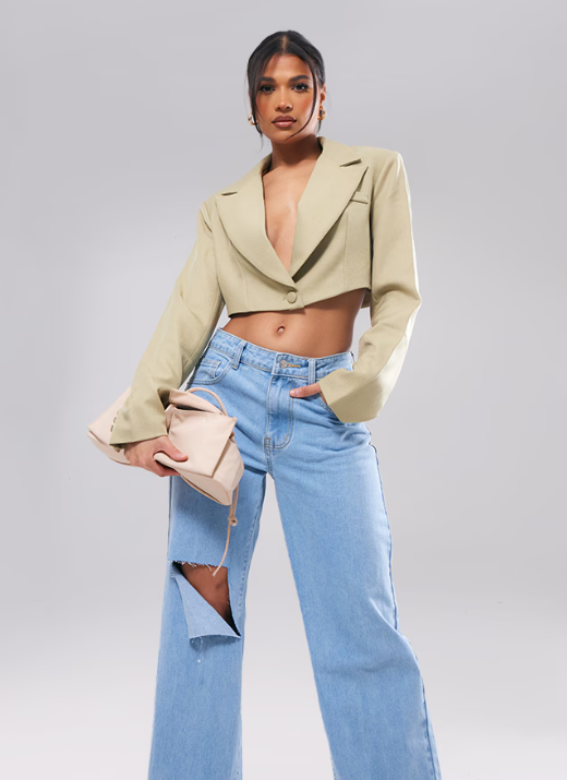 Sage Green Dart Detail Oversized Cropped Blazer