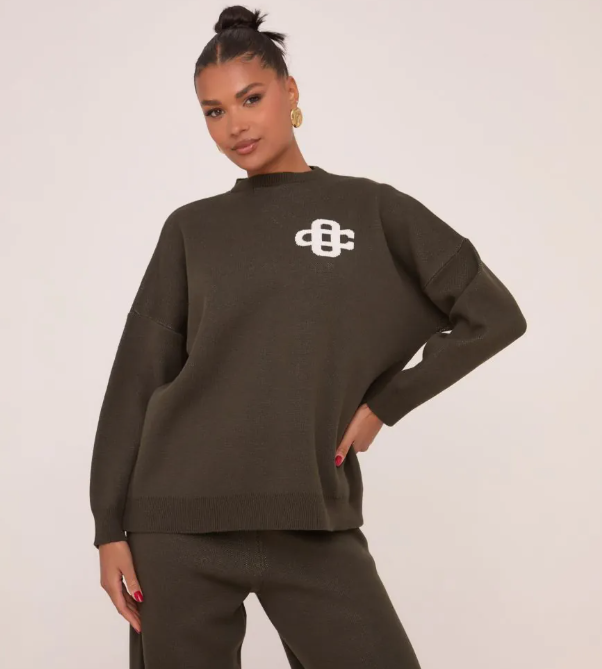 Ego - High Neck Oversized Contrast Swirl Detail Sweatshirt In Dark Khaki Green Knit
