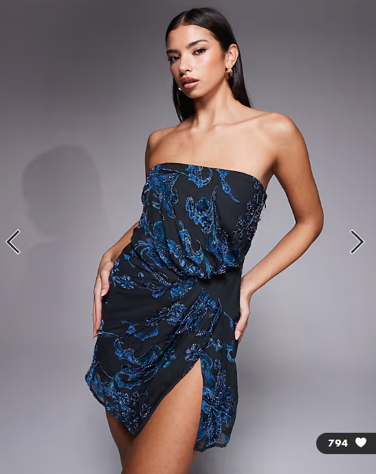 ASOS DESIGN bandeau drape devore embellished mini dress in dark blue floral print