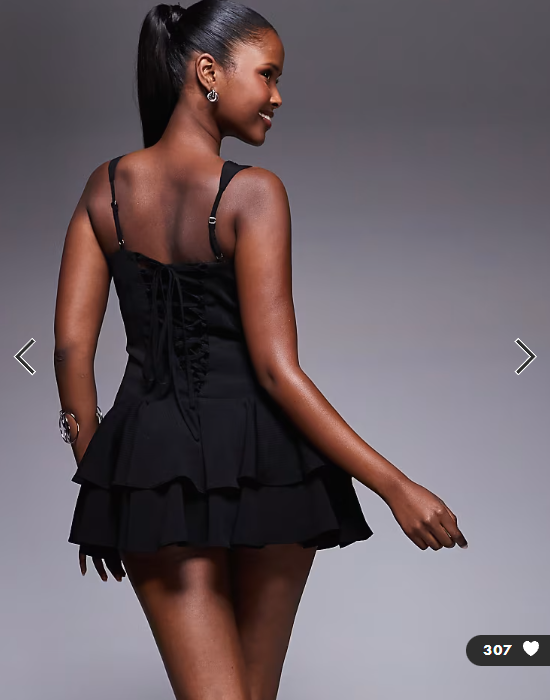 Murci plunge hook & eye ruffle hem mini dress in black