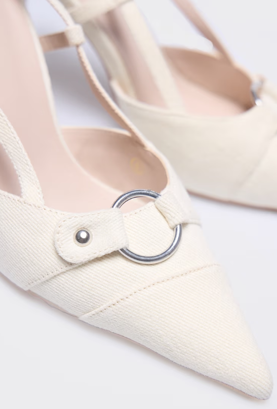 Plt - Cream Denim Buckle Sling Back High Stiletto Court Heels