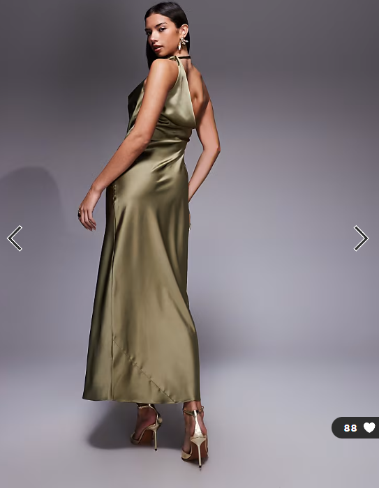 ASOS DESIGN one shoulder asymmetric drape satin maxi dress in khaki